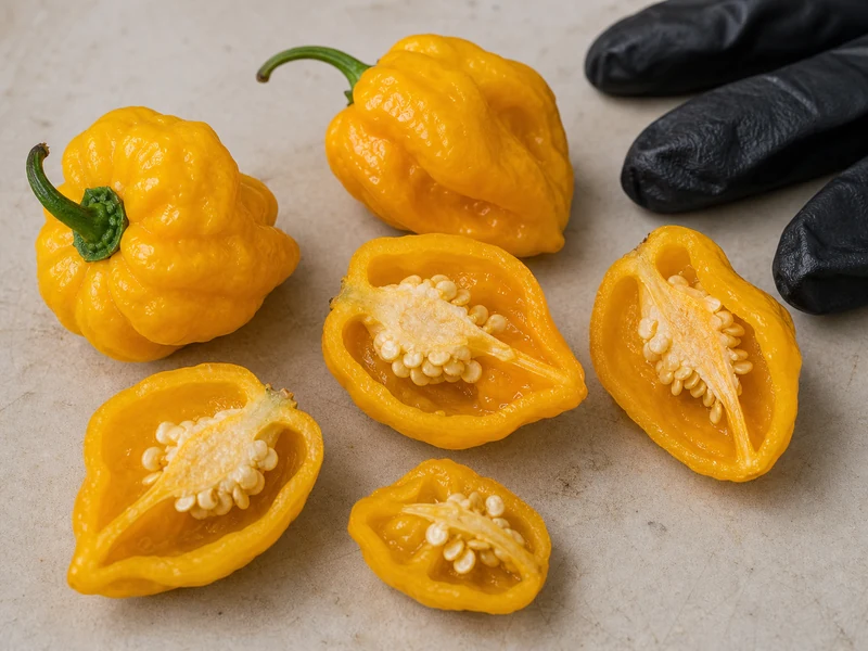 Cut yellow Scotch bonnet peppers showing pale placenta and seeds
