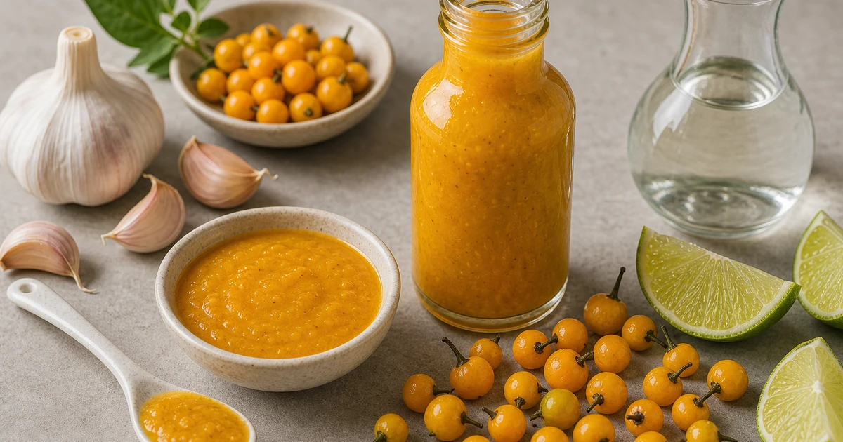 Yellow aji charapita hot sauce in a glass bottle with tiny round peppers, garlic, vinegar, and lime