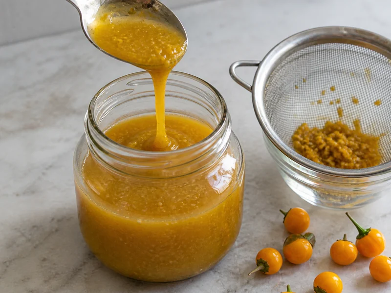 Golden Aji Charapita sauce pouring from a spoon beside a fine-mesh strainer