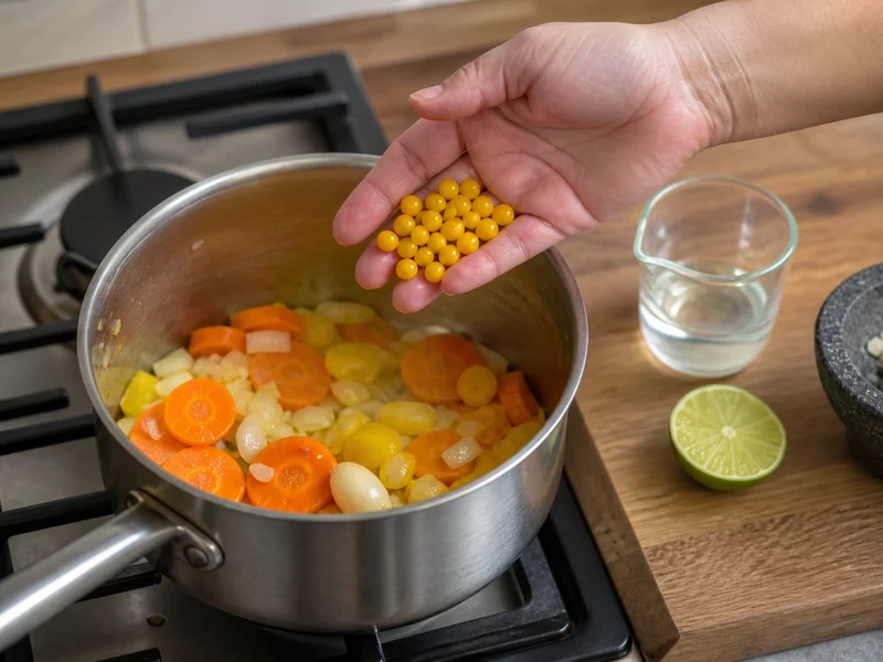 Tiny yellow Aji Charapita peppers added to softened carrot, yellow bell pepper, onion, and garlic