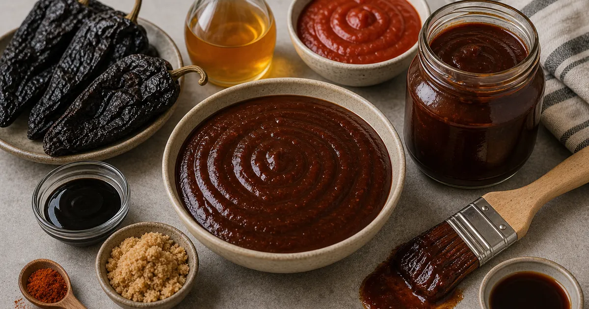 Dark ancho BBQ sauce in a bowl and jar with dried ancho chiles, basting brush, vinegar, molasses, and brown sugar