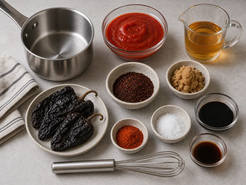 Dried ancho chiles, tomato sauce, vinegar, molasses, brown sugar, smoked paprika, salt, saucepan, and whisk