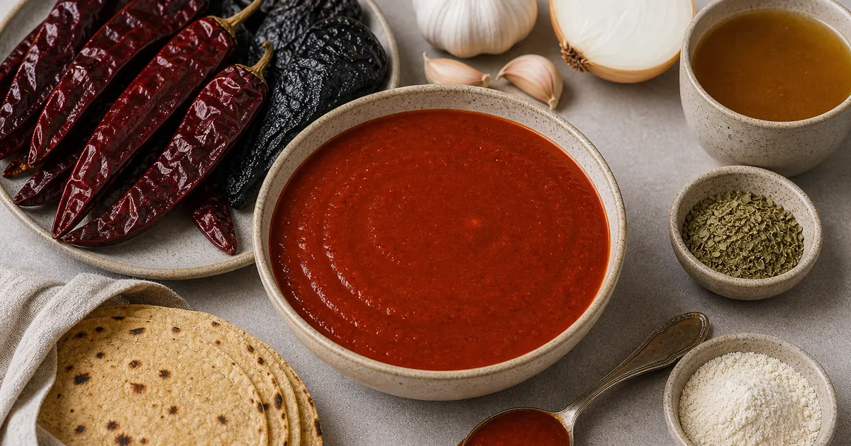 Red enchilada sauce with long guajillo chiles, ancho chiles, tortillas, garlic, onion, oregano, and stock