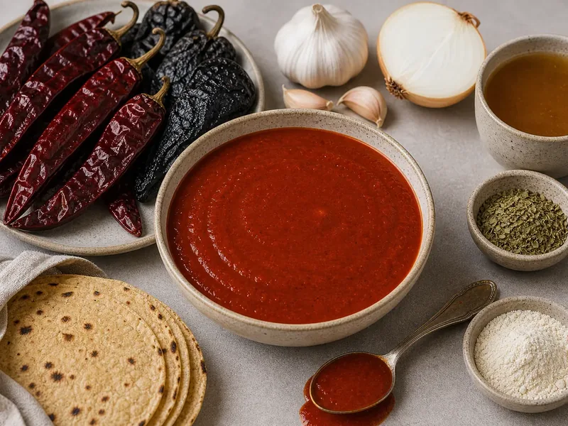 Smooth red enchilada sauce in a bowl beside dried chiles, tortillas, garlic, onion, broth, and oregano