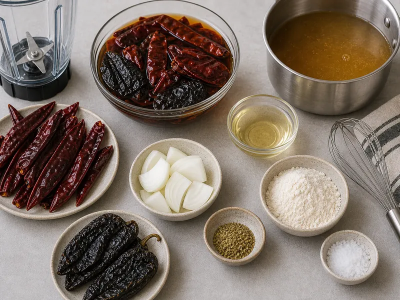 Guajillo, ancho, and pasilla chiles beside softened chiles, broth, onion, oil, and oregano