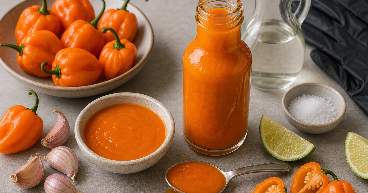 Orange habanero hot sauce in a glass bottle with fresh habaneros, garlic, vinegar, lime, salt, and gloves