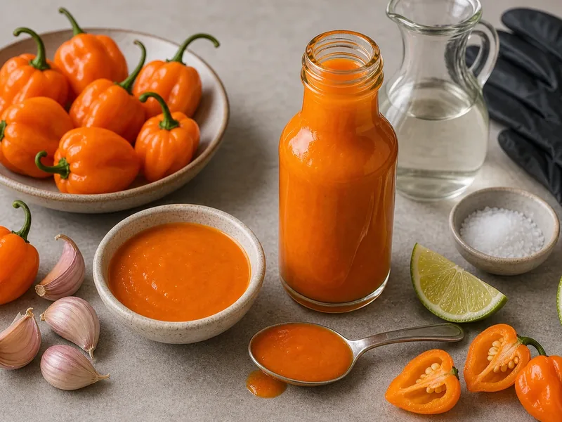 Smooth orange habanero sauce in a bottle, bowl, and spoon beside peppers, garlic, vinegar, salt, lime, and gloves