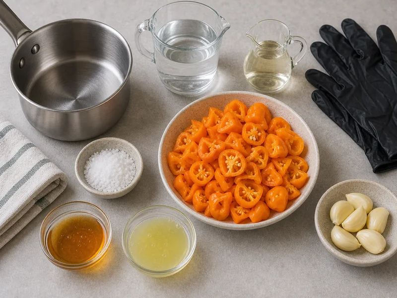 Chopped orange habaneros with vinegar, water, garlic, salt, lime, saucepan, and black gloves