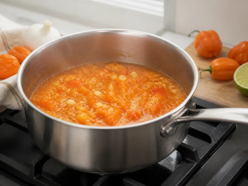 Chopped orange habaneros and garlic simmering gently in a stainless steel saucepan