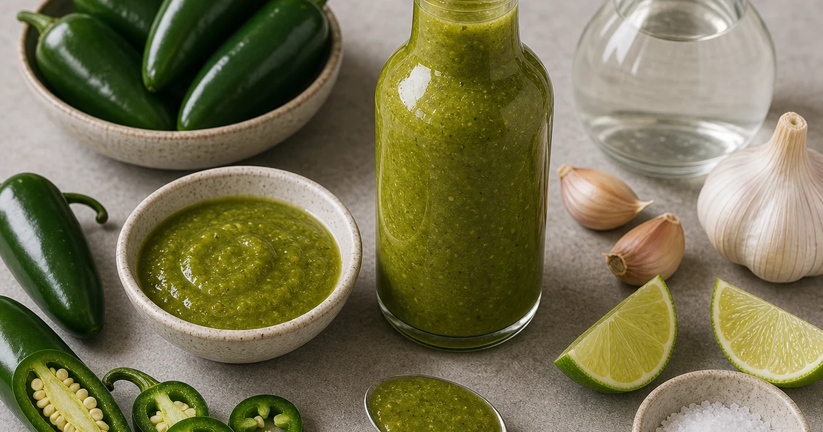 Green jalapeno hot sauce in a glass bottle with fresh jalapenos, garlic, vinegar, lime, and salt