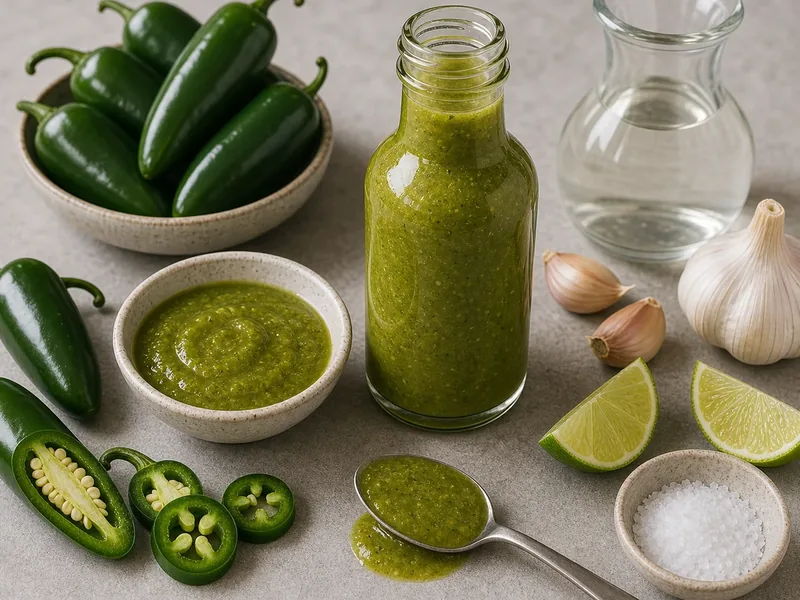 Green jalapeno hot sauce in a bottle, bowl, and spoon beside jalapenos, garlic, vinegar, lime, and salt