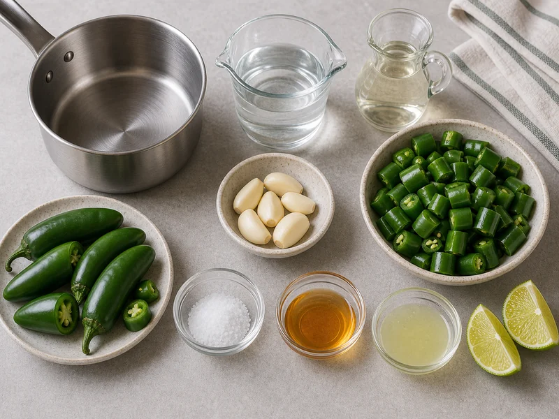 Fresh and chopped green jalapenos with garlic, 5% vinegar, salt, lime, water, and a saucepan
