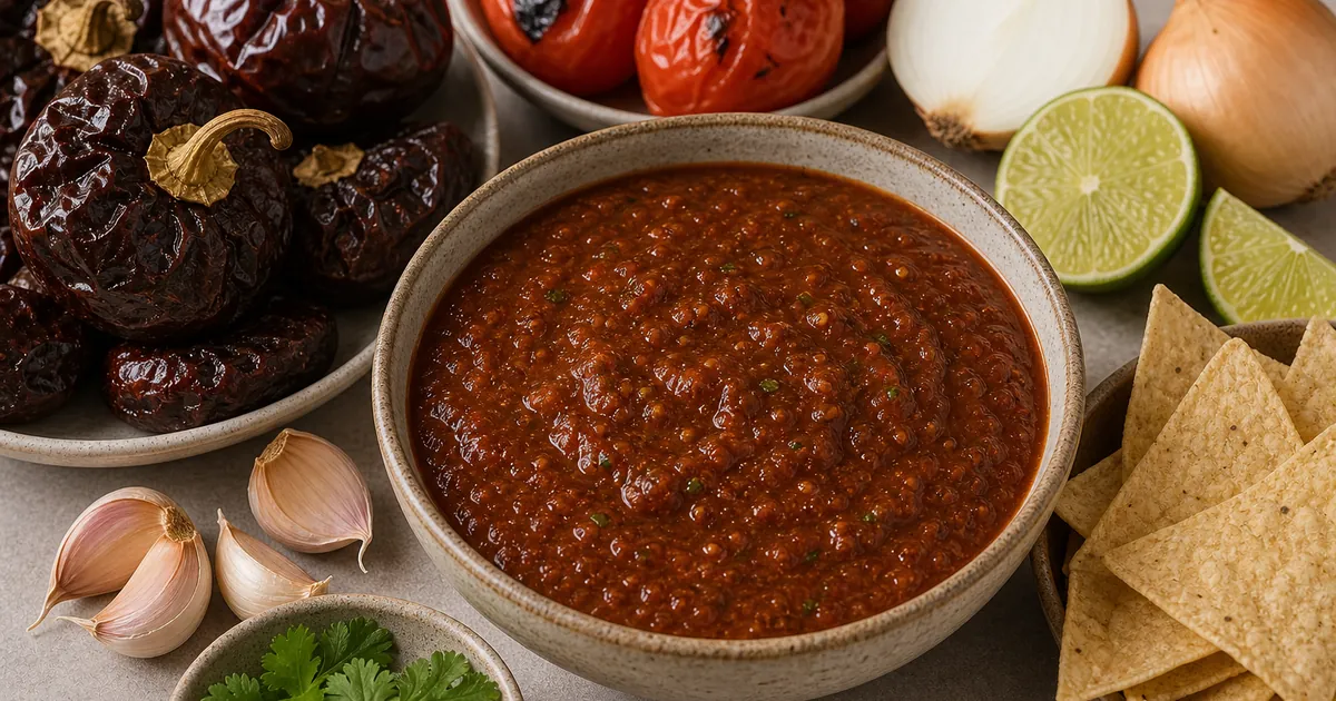 Cascabel chile salsa with round dried cascabel chiles, roasted tomatoes, onion, garlic, lime, and cilantro