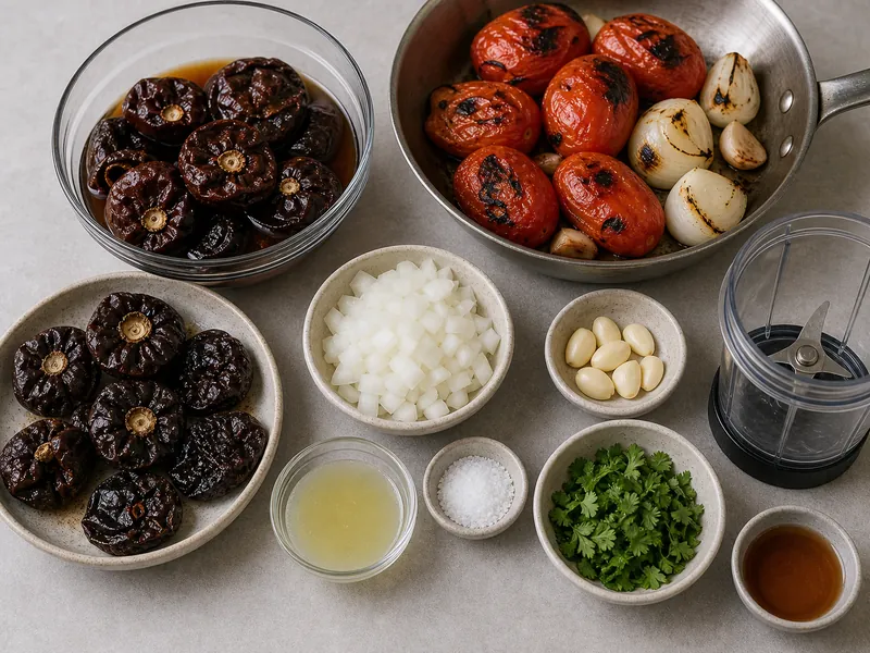 Round dried cascabel chiles, softened chiles, roasted tomatoes, onion, garlic, lime, salt, cilantro, and blender