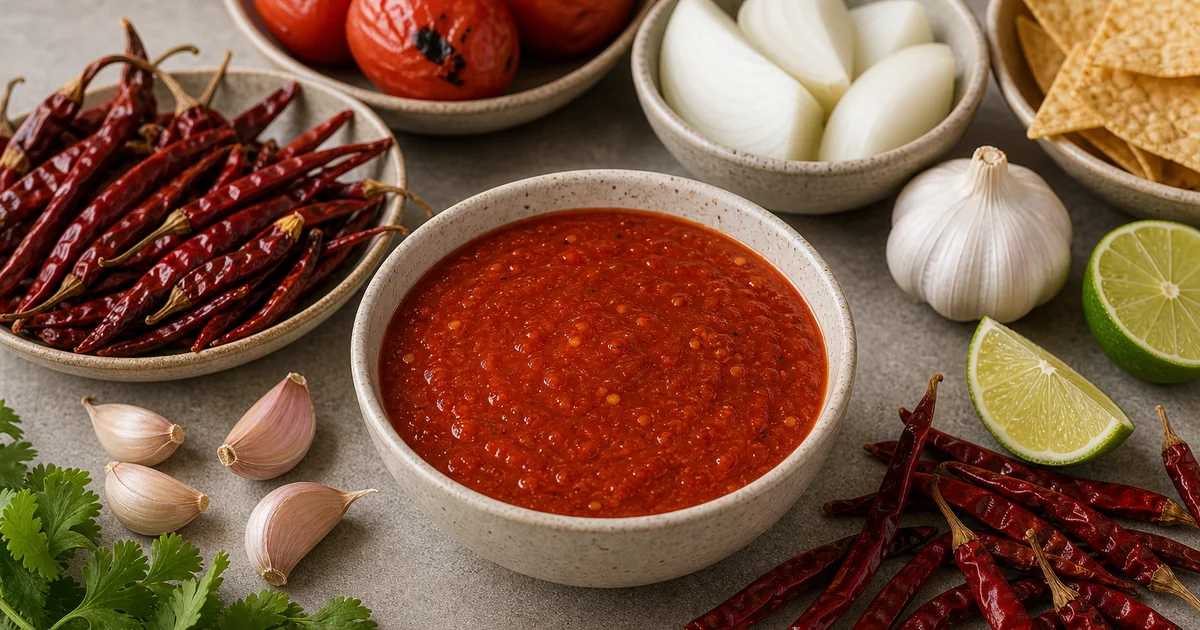 Chile de arbol salsa with long thin dried red chiles, roasted tomatoes, onion, garlic, lime, and cilantro