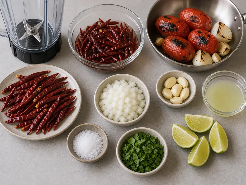 Long thin chile de arbol chiles, softened chiles, roasted tomatoes, onion, garlic, lime, salt, cilantro, and blender