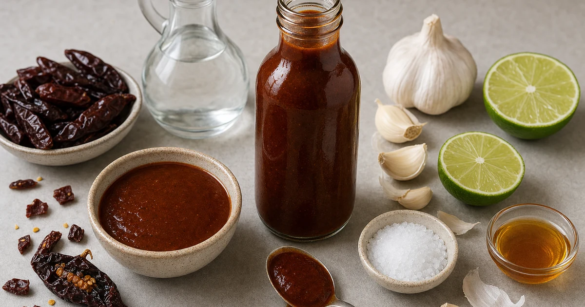 Chipotle hot sauce in a glass bottle with chipotle peppers, garlic, vinegar, lime, salt, and honey