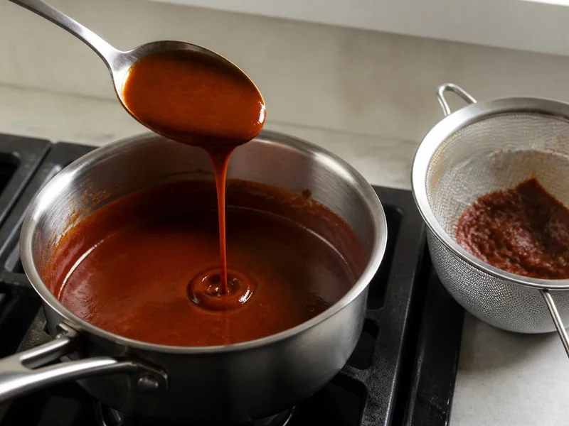 Chipotle hot sauce falling in a thick ribbon beside a fine-mesh sieve