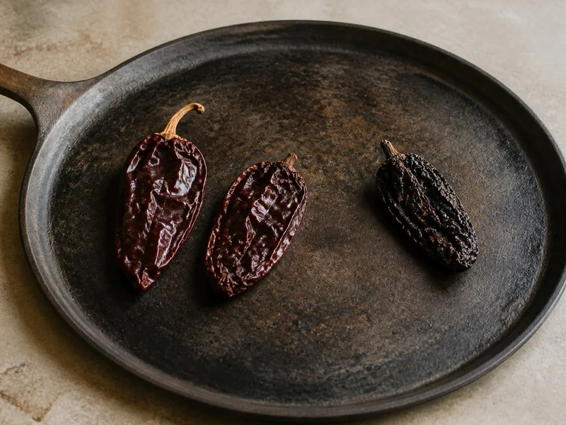 Two correctly toasted chipotle morita pods beside one blackened pod on a seasoned comal