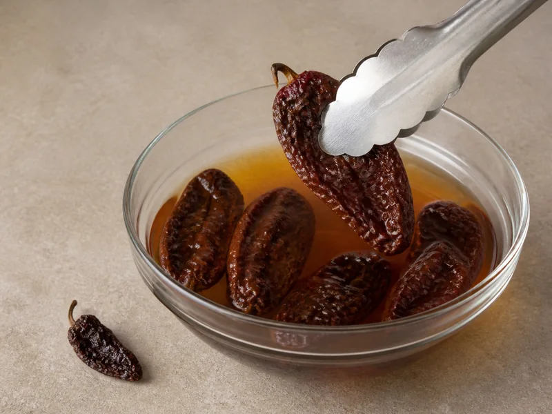Hydrated chipotle morita pods bending above amber soaking liquid