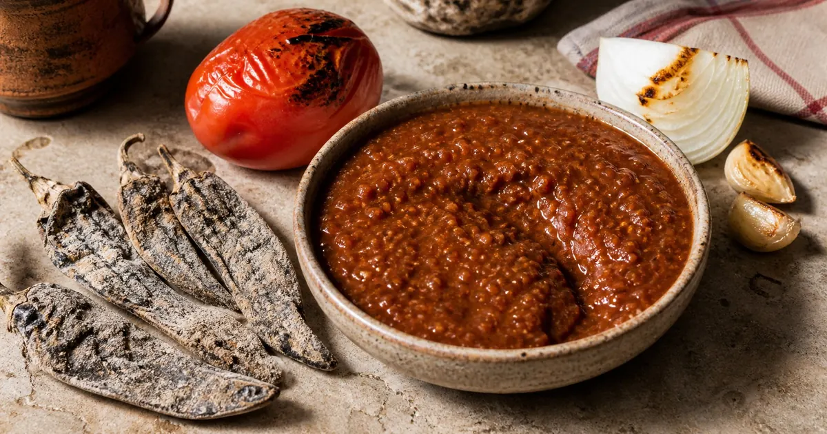 Thick chipotle meco salsa with tan dried meco chiles, roasted tomato, onion, and garlic
