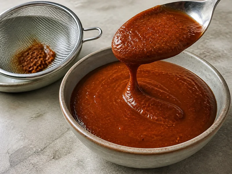 Thick chipotle meco salsa falling from a spoon in a slow ribbon
