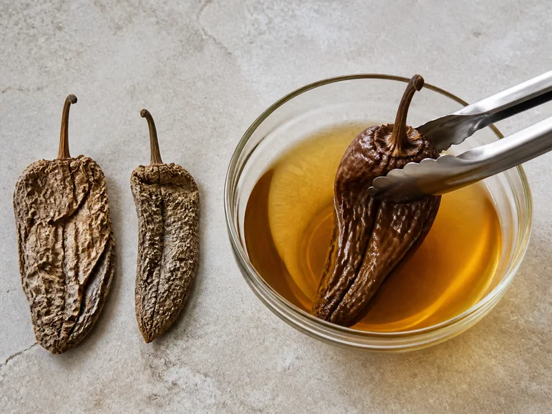 Tan dried chipotle meco chiles beside one chile softened in hot soaking water