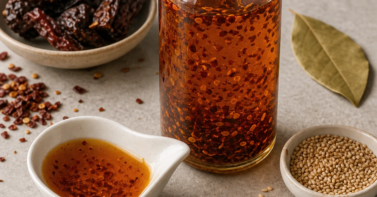Chipotle olive oil in a glass bottle with dried chipotle flakes, bay leaf, salt, sesame seeds, and pour dish