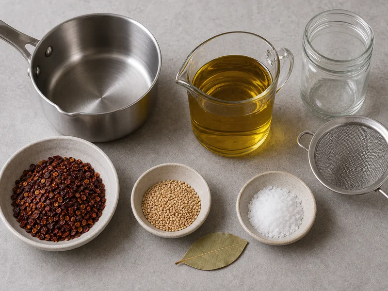 Crushed dried chipotle flakes with olive oil, bay leaf, salt, sesame seeds, saucepan, strainer, and glass jar