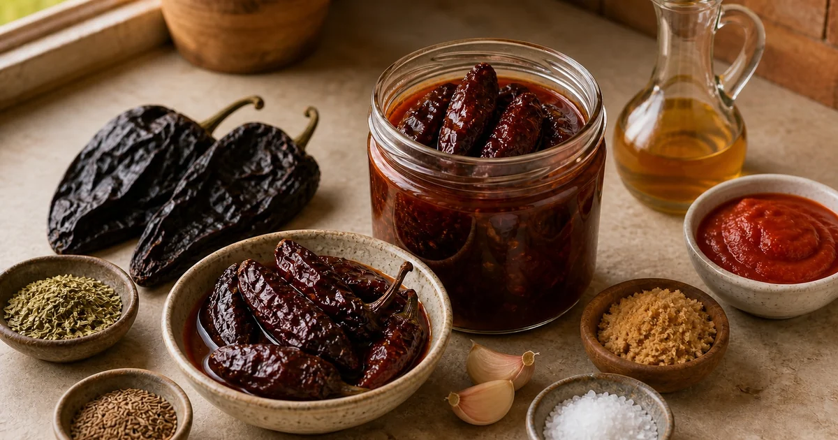 Whole chipotle peppers coated in glossy adobo with ancho, tomato, vinegar, garlic, and spices