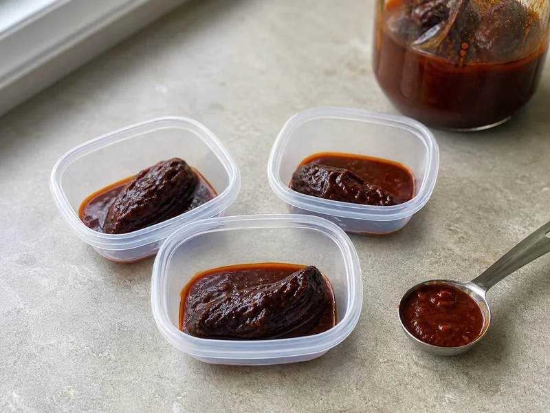 One whole chipotle and one spoonful of glossy adobo portioned separately