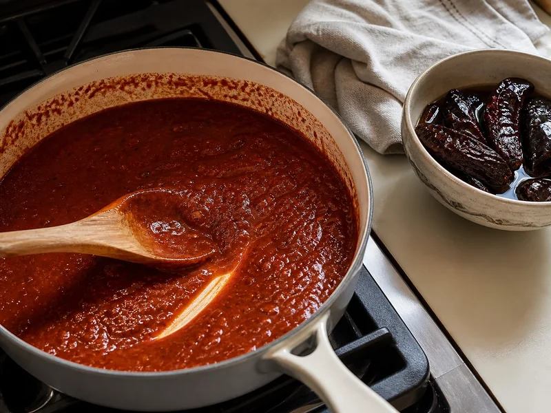 Glossy adobo sauce in a saucepan with hydrated whole chipotles waiting beside it