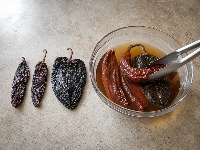Dry chipotle and ancho chiles beside softened whole chipotles in soaking liquid