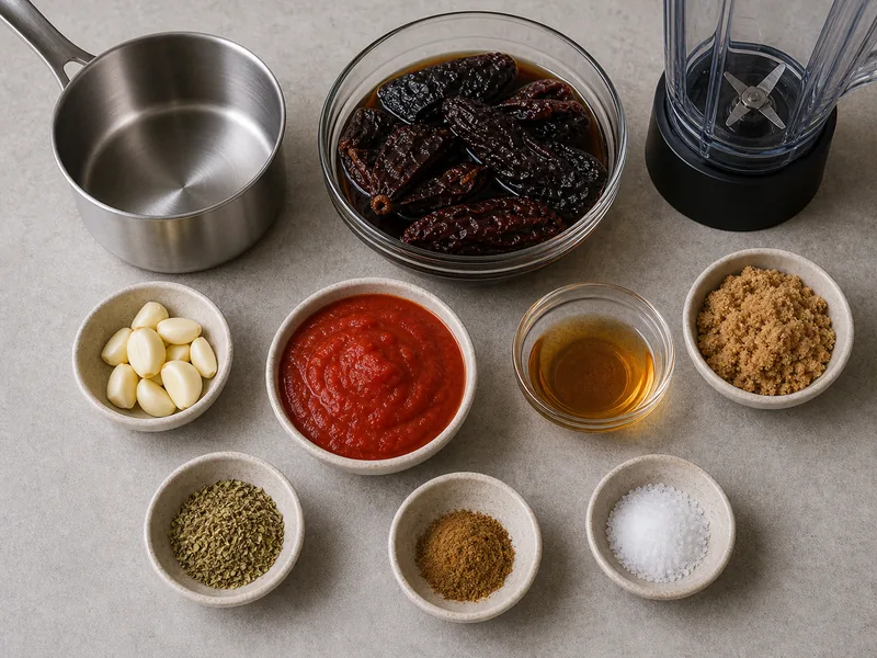 Soaked chipotle and ancho chiles with garlic, tomato puree, vinegar, brown sugar, spices, saucepan, and blender