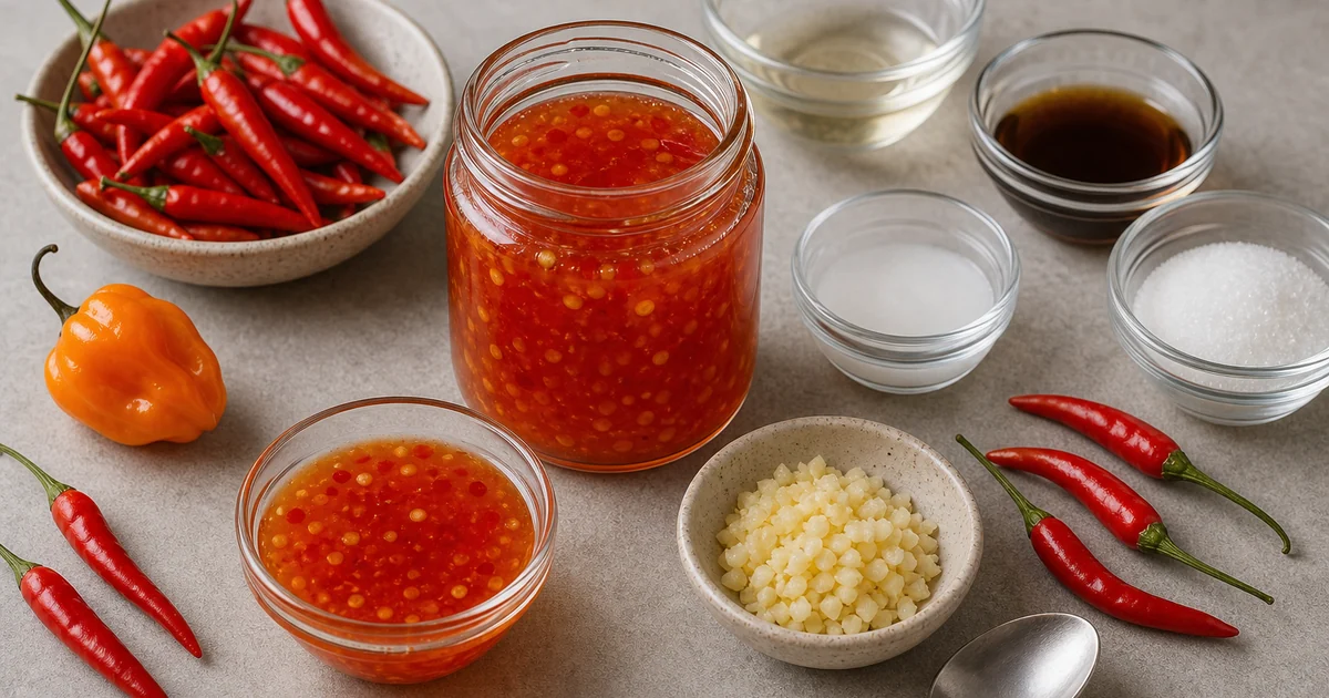Extra spicy sweet chili sauce with Thai chiles, habanero, garlic, rice vinegar, sugar, and fish sauce
