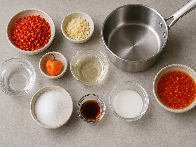 Minced Thai chiles and habanero with garlic, rice vinegar, water, sugar, fish sauce, cornstarch slurry, and saucepan