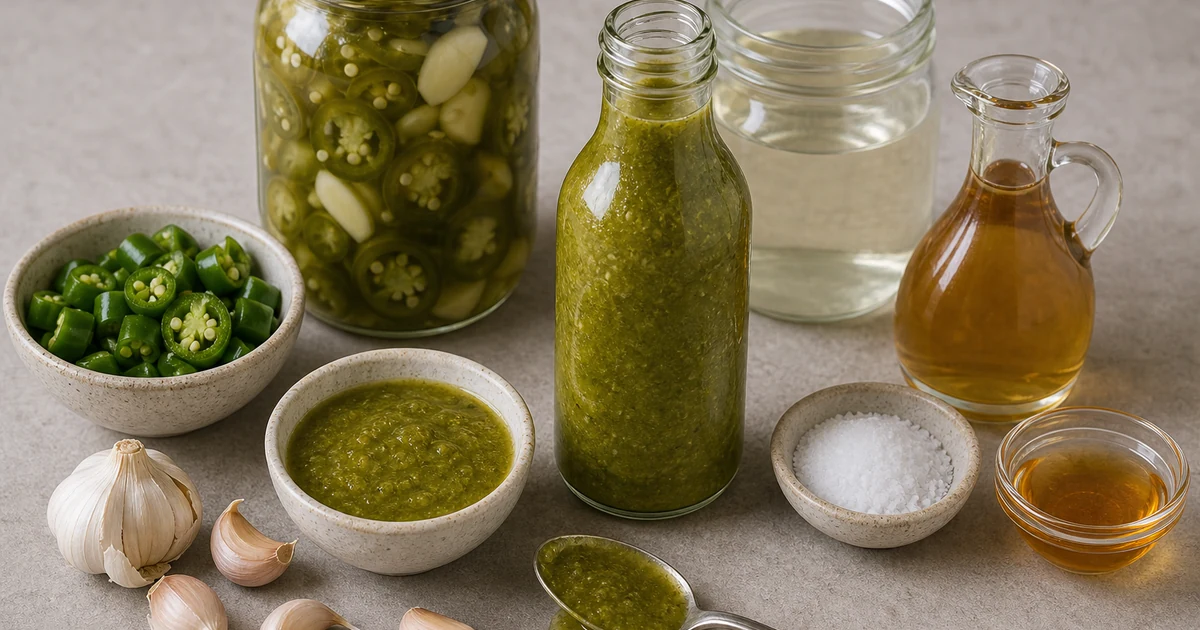 Green fermented jalapeno hot sauce with chopped jalapenos, garlic, brine, vinegar, sea salt, honey, and jar