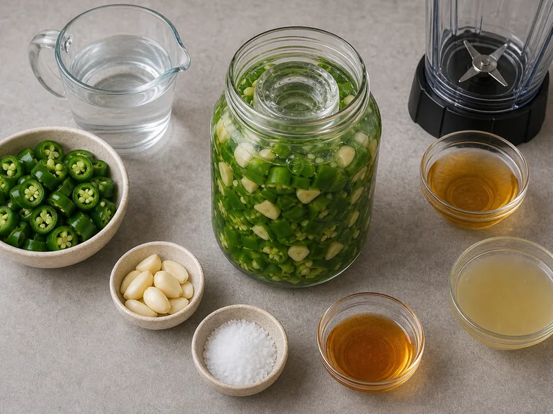 Fermented jalapeno hot sauce with green jalapenos, garlic, brine, and vinegar