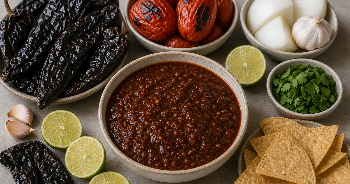 Fiery pasilla de Oaxaca salsa with dark dried pasilla chiles, roasted tomatoes, onion, garlic, lime, cilantro, and chips