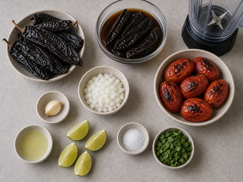 Dried pasilla de Oaxaca chiles, softened chiles, roasted tomatoes, onion, garlic, lime, salt, cilantro, and blender
