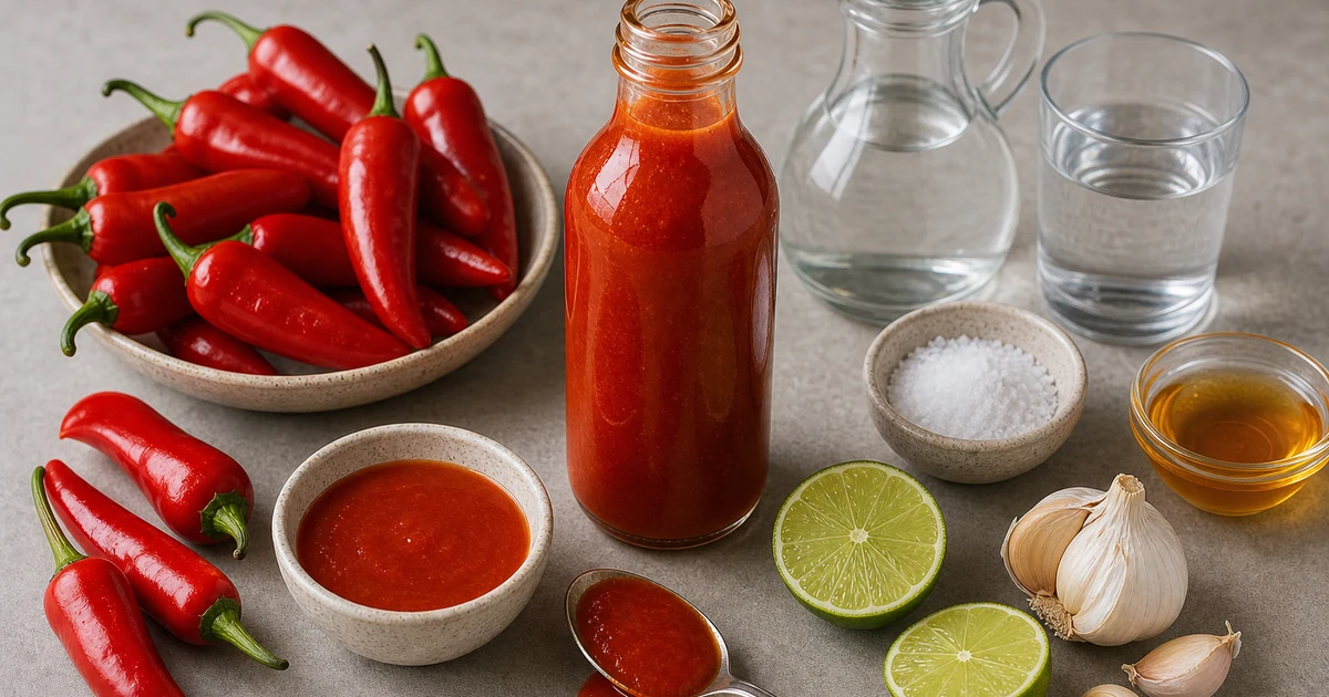 Red Fresno hot sauce in a glass bottle with Fresno peppers, garlic, vinegar, water, salt, honey, and lime