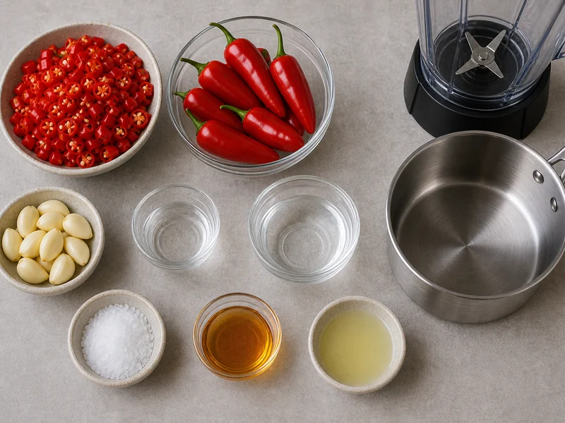 Chopped red Fresno peppers with garlic, vinegar, water, salt, honey, lime juice, saucepan, and blender