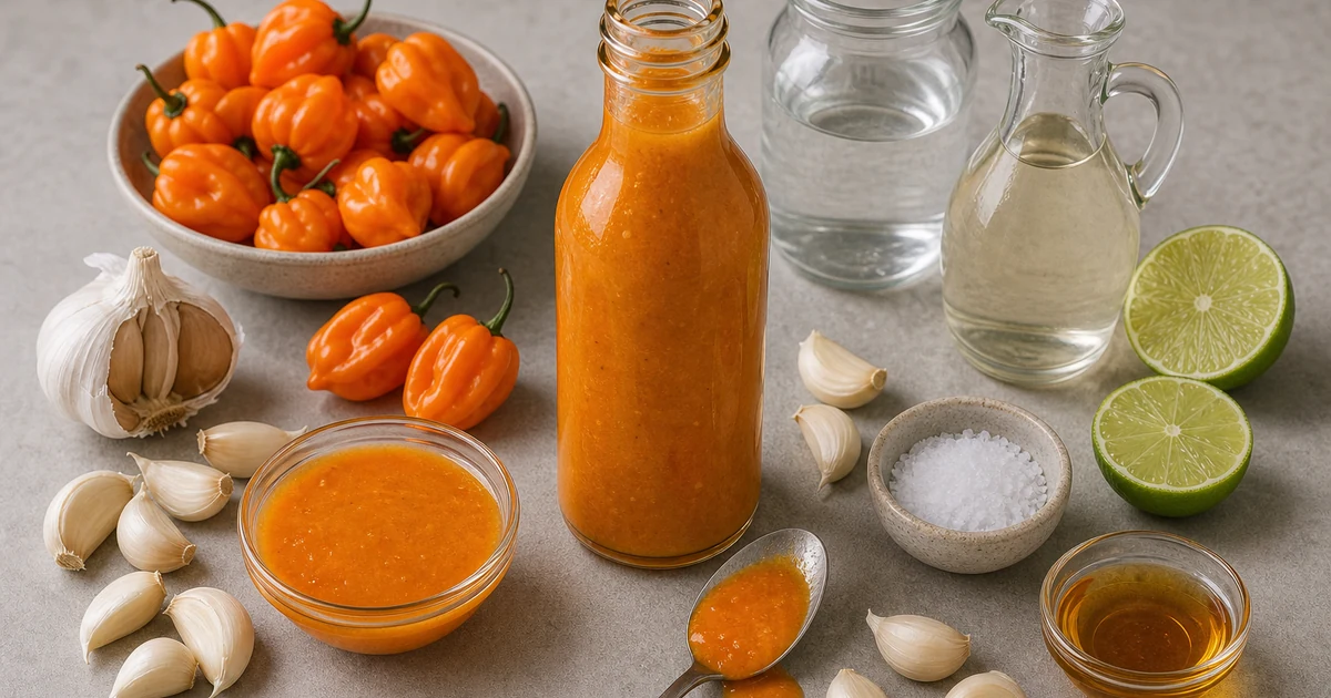 Orange garlic habanero hot sauce in a glass bottle with habaneros, garlic, vinegar, water, salt, honey, and lime
