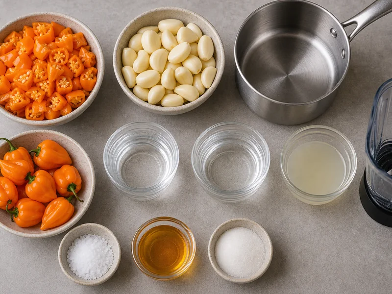 Chopped orange habaneros with garlic cloves, vinegar, water, salt, honey, lime juice, saucepan, and blender