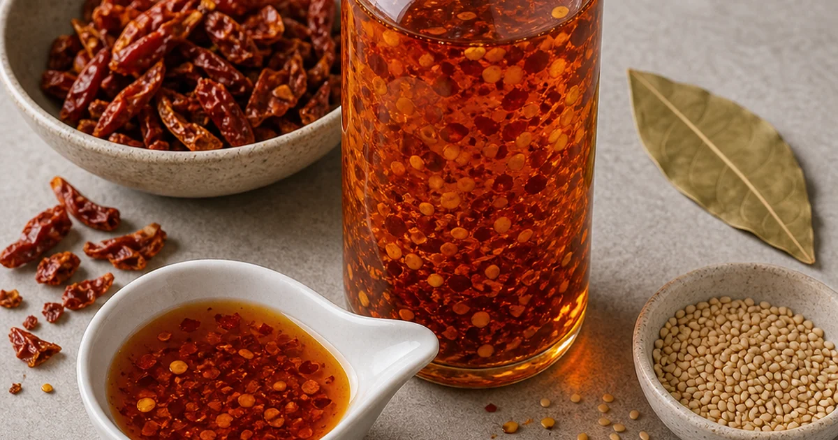 Ghost pepper oil in a glass bottle with crushed dried ghost pepper, bay leaf, salt, sesame seeds, and pour dish