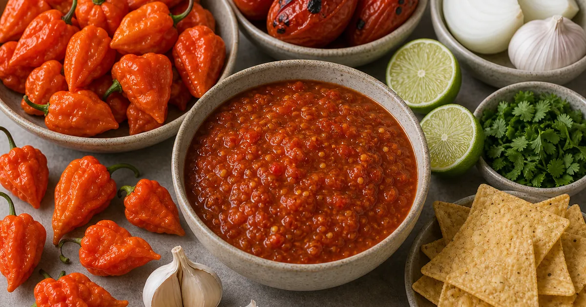 Ghost pepper salsa with orange ghost peppers, roasted tomatoes, onion, garlic, lime, cilantro, and chips