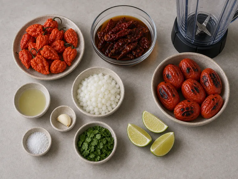 Ghost peppers, softened chiles, roasted tomatoes, onion, garlic, lime, salt, cilantro, and blender