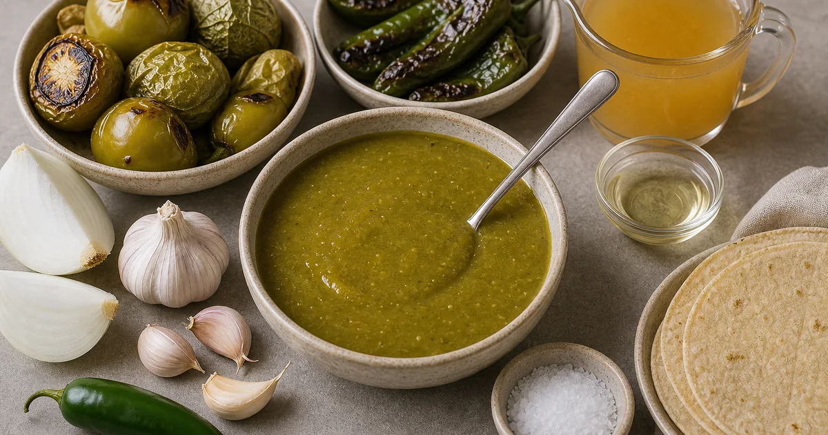 Green enchilada sauce with roasted tomatillos, Hatch chiles, serrano, onion, garlic, stock, and tortillas