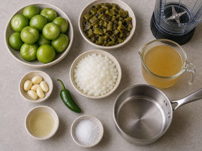 Tomatillos, roasted Hatch chiles, serrano, onion, garlic, stock, salt, oil, saucepan, and blender
