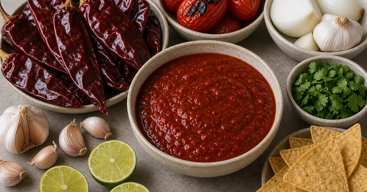 Guajillo salsa with dried guajillo chiles, roasted tomatoes, onion, garlic, lime, cilantro, and chips